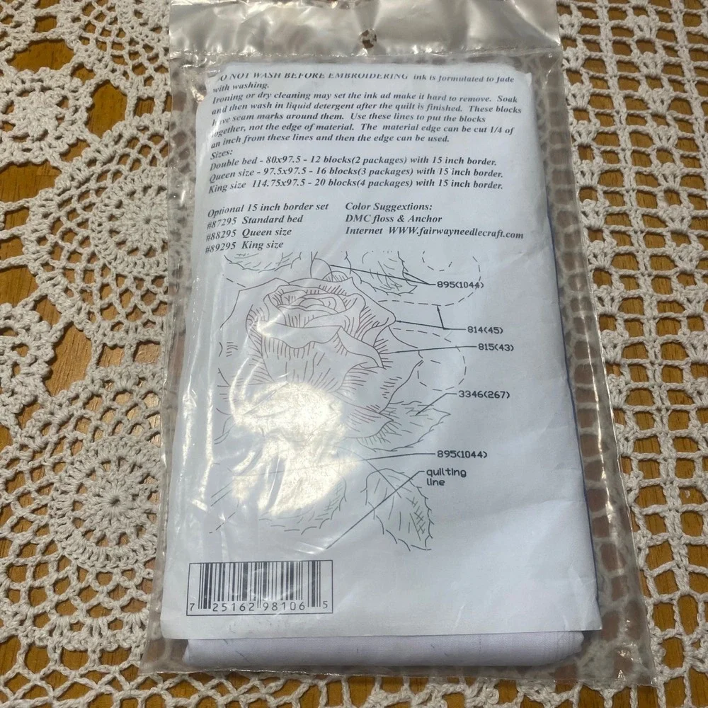 Fairway Needlecraft Quilt Blocks White New Roses Embroidery‎ Kit New